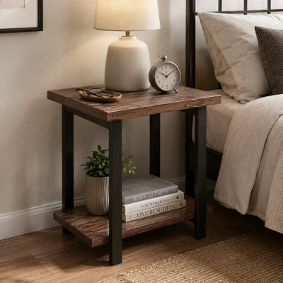 2-Tier Industrial End Table, Solid Wood Side Table with Distressed Pine Tabletop & Metal Frame, Farmhouse Storage Nightstand for Living Room Bedroom