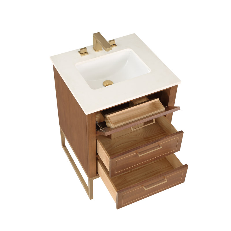 Markham 24'' W Single Vanity, White Quartz, Satin Brass, Walnut