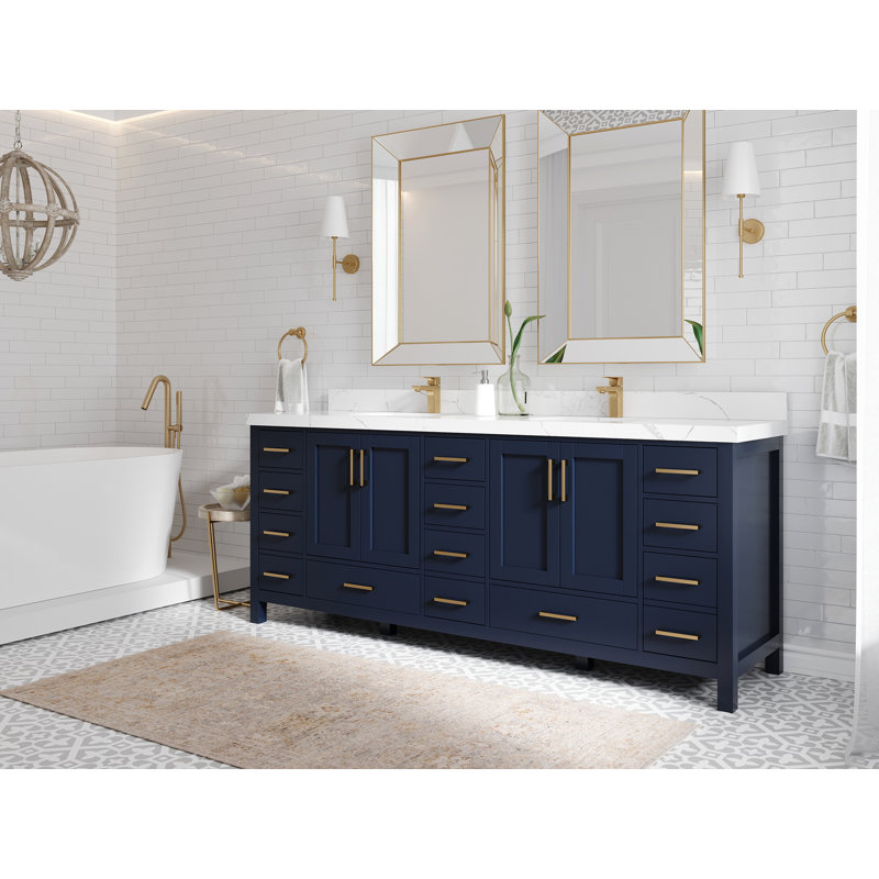 Ensemble de meuble-lavabo double 84 po Huette, Calacatta Nuvo, Bleu