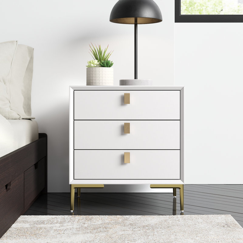 3 - Drawer Nightstand With Metal Legs, White