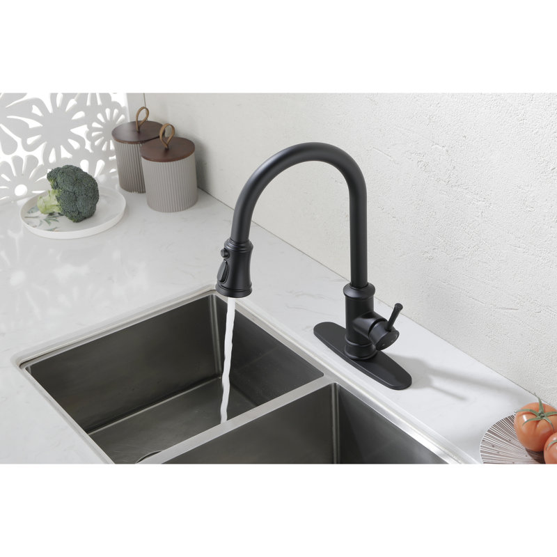 Robinet de cuisine rétractable à arc élevé en acier inoxydable noir mat, poignée simple, débit de 1,8 gallon par minute avec arc, débit GPM, facile à utiliser et à installer
