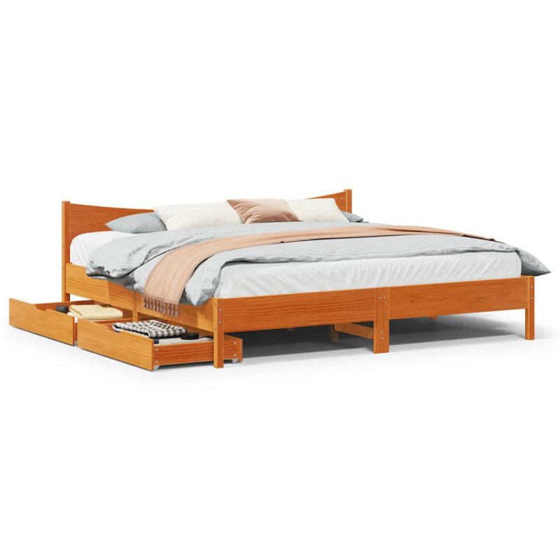 Solid Wood Storage Bed, Wax Brown, 200 x 200cm