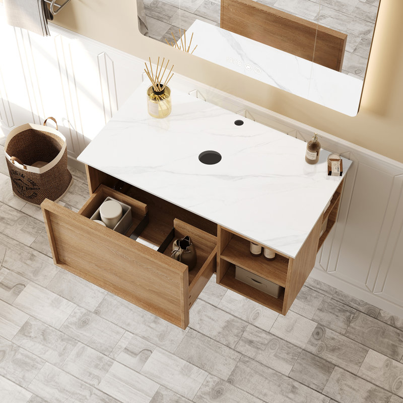 Meuble-lavabo moderne flottant (lavabo non inclus), armoire à grain de bois 36 po avec plateau en pierre frittée blanche et trou de préparation pour évier, étagère ouverte réversible
