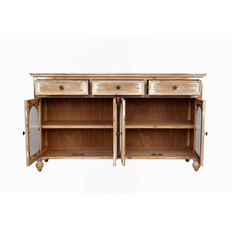 Buffet Farmhouse, crédence avec 3 tiroirs et 4 portes en verre, armoire de rangement rustique avec tablettes