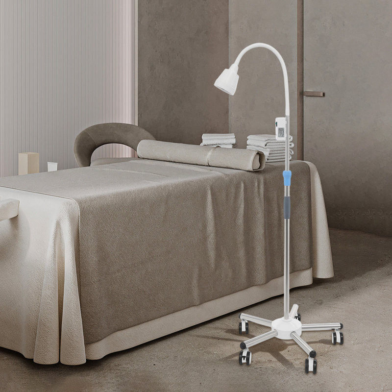 Lampe d'examen DEL à hauteur réglable pour examens médicaux en gynécologie, stomatologie, oto-rhino-laryngologie et médecine vétérinaire.