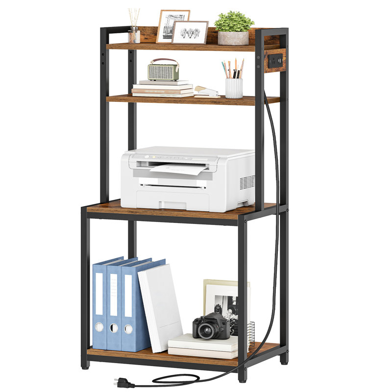 4-Tier Printer Stand with Outlet, Adjustable Shelf & Anti-Tip Kit, Large Storage Organizer, Tall Printer Shelf, for Office, Kitchen, Living Room