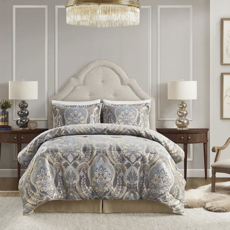 Ensemble d'édredon 4 pièces Croscill Julius Chenille Jacquard, Édredon grand + 1 jupe de lit + 2 taies décorati, Bleu / gris
