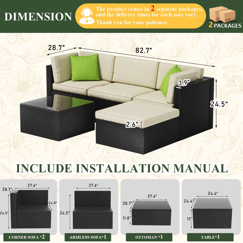 Avenvista 5 Piece Outdoor Patio Furniture Set, with Coffee Table And Cushions,  PE Rattan Outddor Wicker Sectional  Furniture Sofa Set