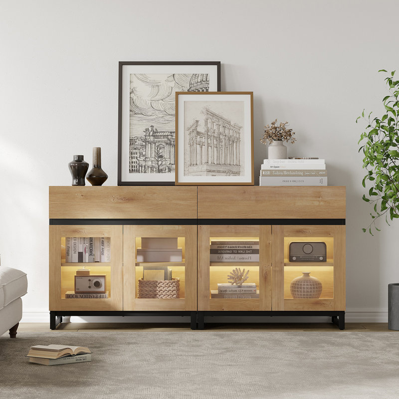 Armoire d'appoint moderne avec 4 portes en verre et tiroir, commode d'appoint multifonctionnelle avec grand rangement et tablette réglable