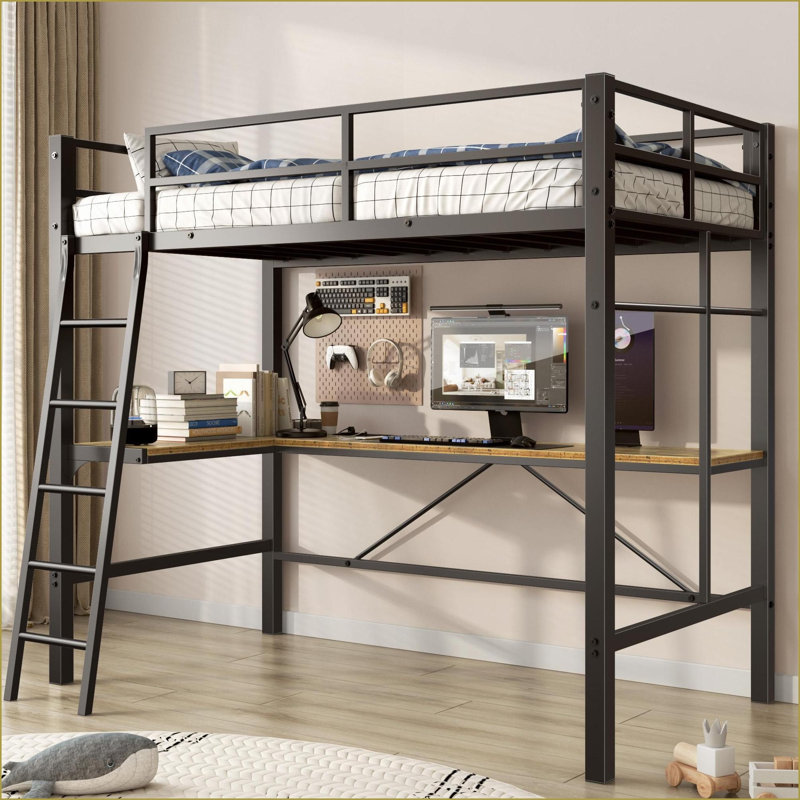 Twin Size Metal Loft Bed Frame with L-Shaped Desk &amp; Charging Station - 400lbs Capacity, No Box Spring, Black