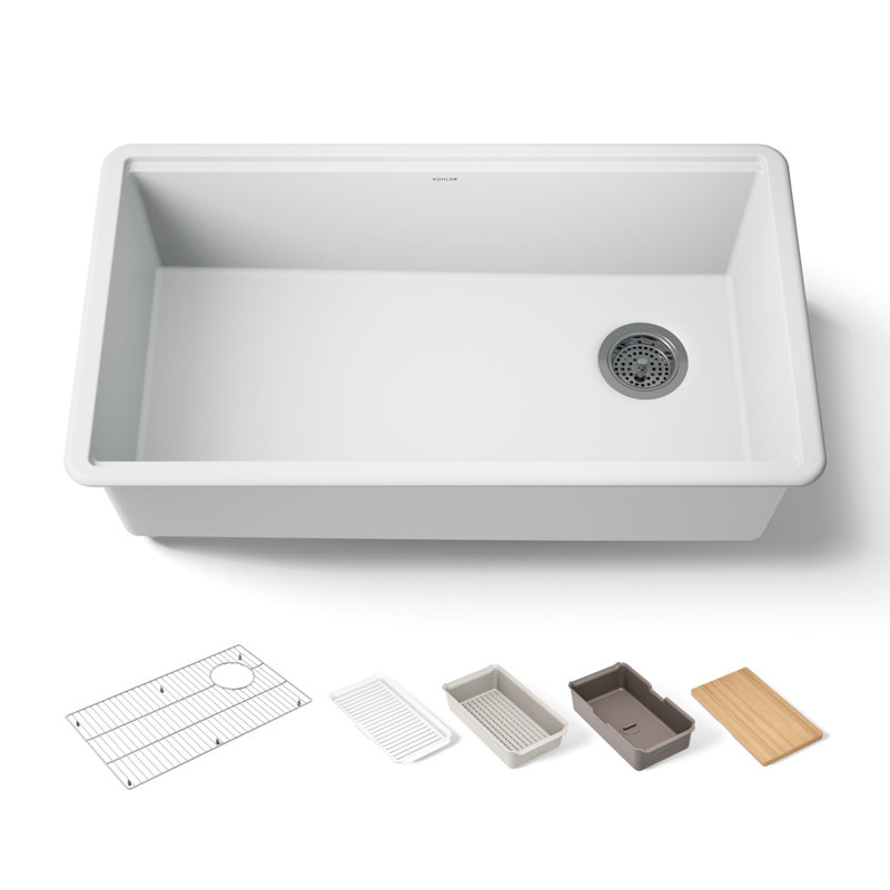 Billings 32 1/2 po Évier de cuisine encastré à simple cuve avec station de travail, Blanc