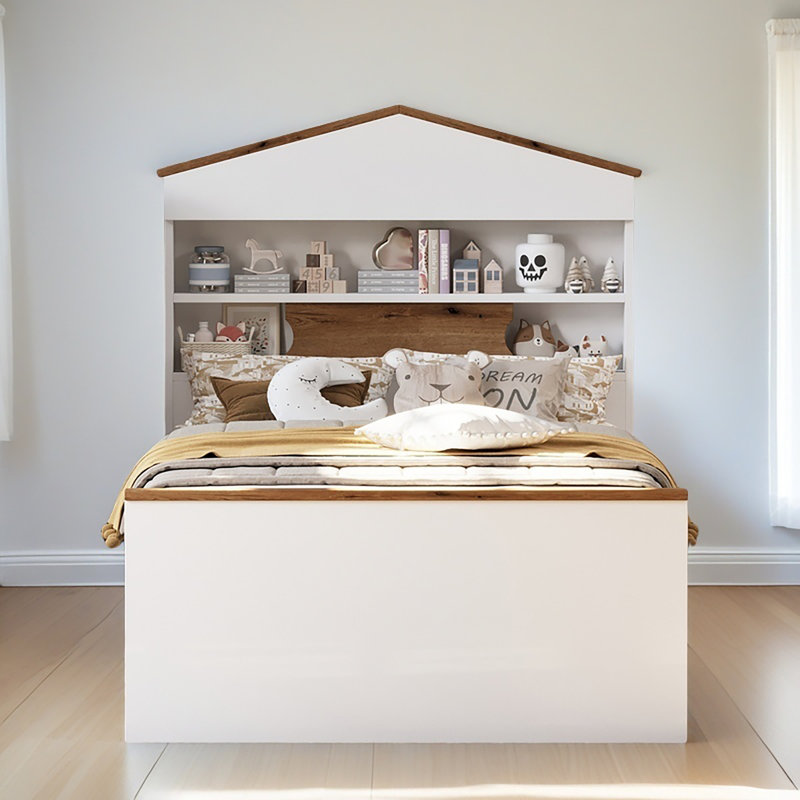 Lit simple en bois en forme de maison avec tablette de rangement sur la tête de lit, deux tiroirs de rangement intégrés, Brun