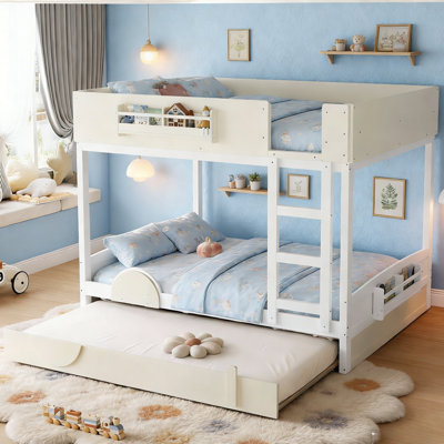 Lit superposé double au-dessus de double blanc et blanc cassé avec gigogne simple TG et échelle droite