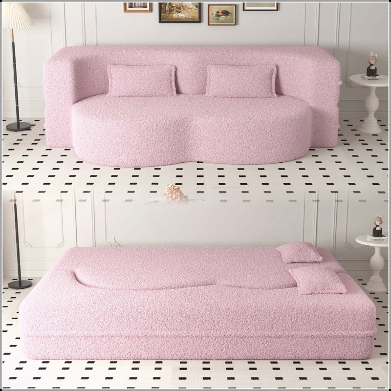 Canapé-lit convertible en tissu Teddy avec 2 coussins, matelas pliant pleine grandeur, aucun assemblage requis, Rose
