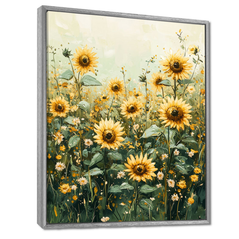 Drusi jaune tournesols jardin Meadows - tournesols Wall Art, H 44 po x l 34 po, Impression encadrée flottante, Argent argent