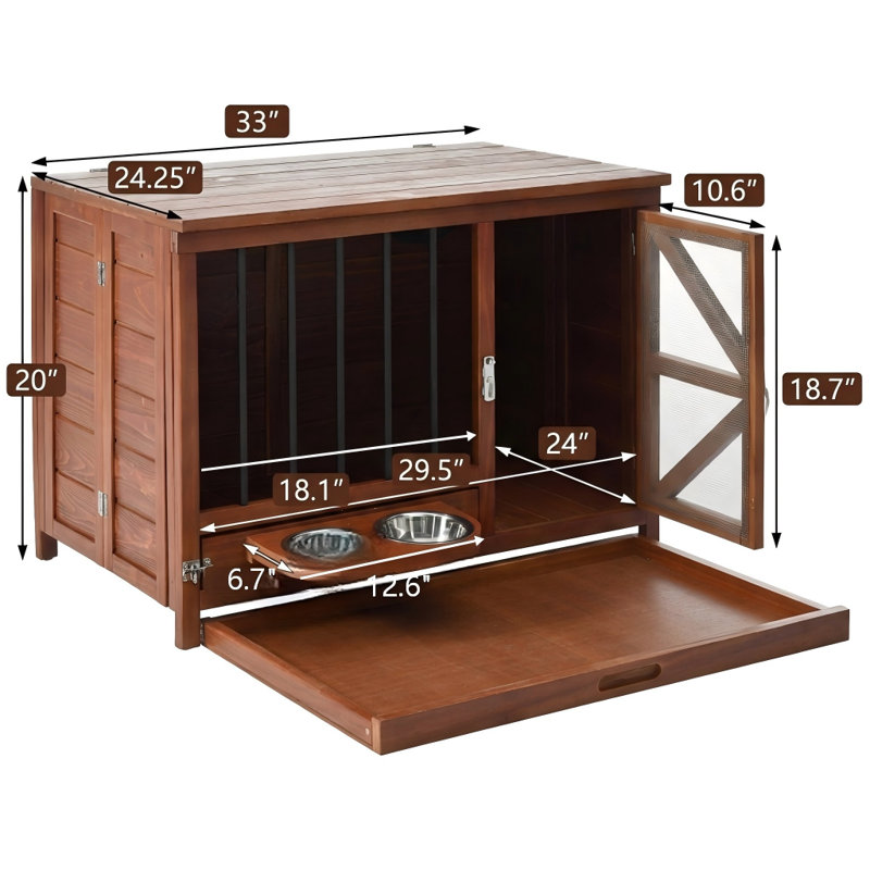 Cage pour chien en bois massif de 33 pouces conçue comme un meuble, un chenil d'intérieur pliable avec une mangeoire rotative à 360 degrés, une table de bout polyvalente pour les petits et moyens chiens, une cage pour animaux portable avec plateau amovible et un assemblage simple