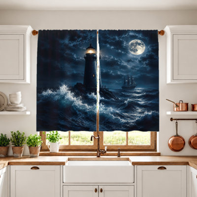 2 pièces de rideaux de bateau phare dramatique, scène de pleine lune océan, ciel bleu foncé, nuit orageuse, rideaux de fenêtre filtrant la lumière, conception à passe-tringle, pour salon, chambre à coucher, balcon, cuisine, décoration intérieure
