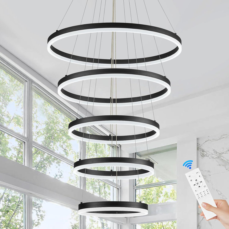 Lustre moderne à 5 anneaux à DEL avec télécommande, à intensité variable et réglable, éclairage écoénergétique pour la salle à manger, le salon, le vestibule et le vestibule