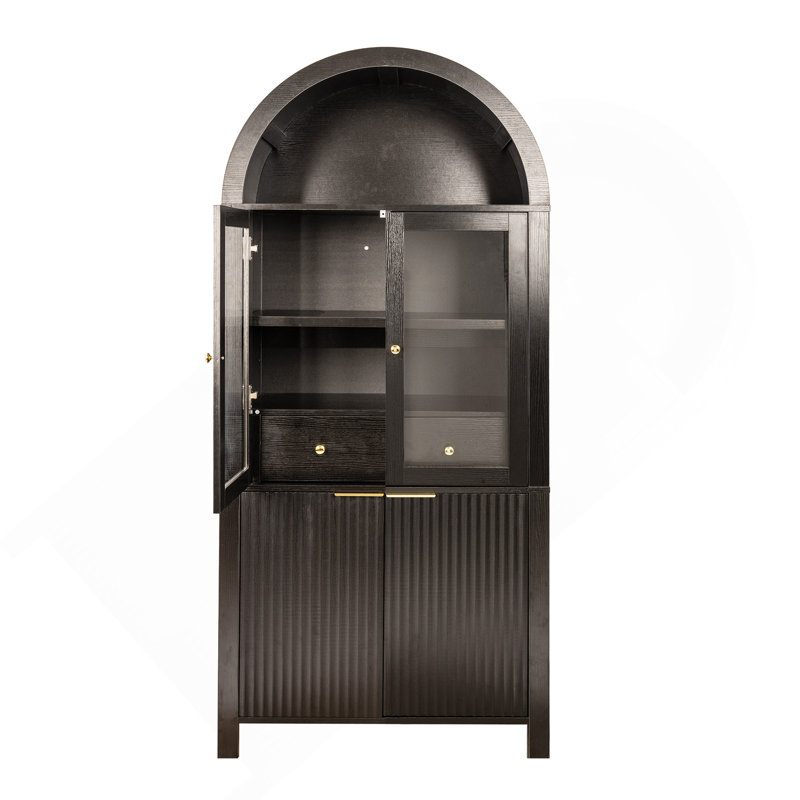 Cabinet 71" Fluted Tall Arched Pantry With Adjustable Shelves, Elegant Display Storage With Hidden Drawer & Glass Door For Kitchen, Living Room, Dining Room, Black