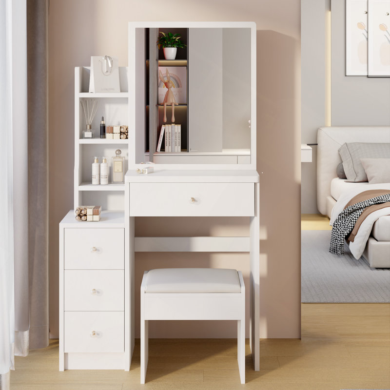 Bureau de meuble-lavabo, table de chevet avec tabouret de chevet gauche + tabouret rembourré, très grand miroir coulissant à droite, rangement multicouche haute capacité, commode pratique et pratique, convient aux petits espaces