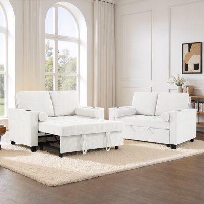 Upholstered Tufted Convertible Pull-Out Sleeper Sofa Bed - Adjustable Backrest With 2 Soft Pillows