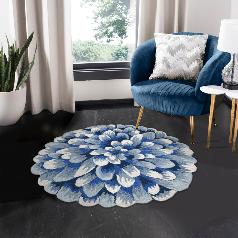 Ismay Floral Polyester Water Resistant Kitchen Mat, Round 3', White/Blue