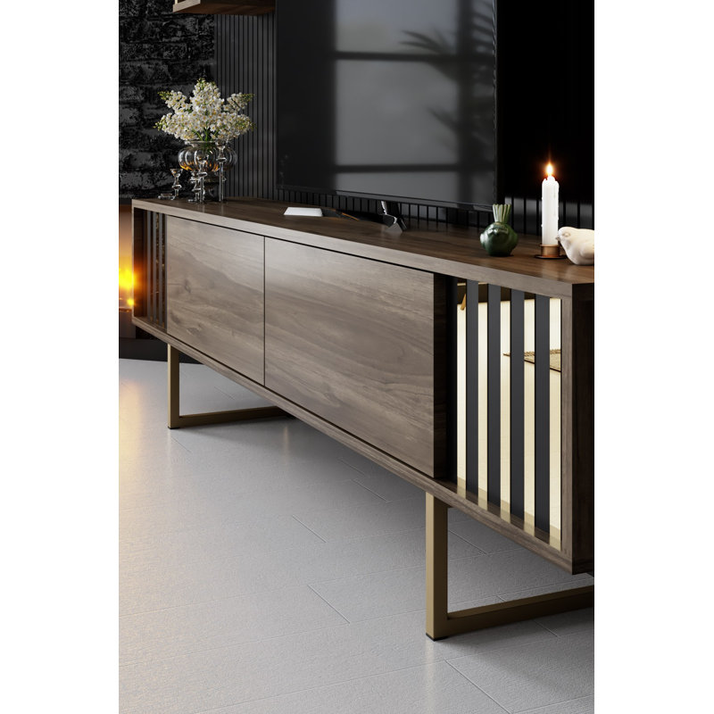 Meuble télé moderne avec tablettes murales, noyer et noir, 70,9 po x 11,8 po x 18,9 po | 100% panneau de particules enduit de mélamine, pieds en métal | Conception élégante, parfaite pour le salon et les espaces de divertissement, durable et élégante