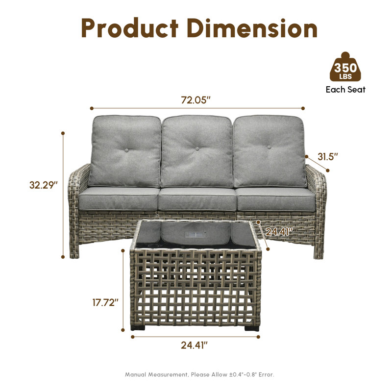 3-Person Outdoor Seating Group With Cushions And Led Coffee Table , All-Weather Wicker Patio Set, Gray