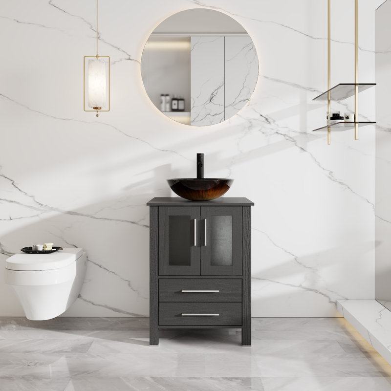 Ensemble de meuble-lavabo simple autoportant 24 po avec lavabo vasque, robinet et bonde escamotable 24 po