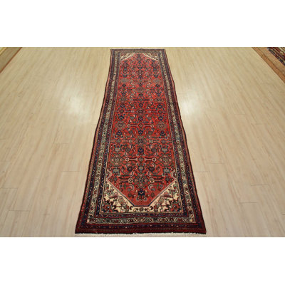 Tapis rouge rétro en laine noué à la main 3 pi 5 po x 10 pi 1 po Tribal Vintage
