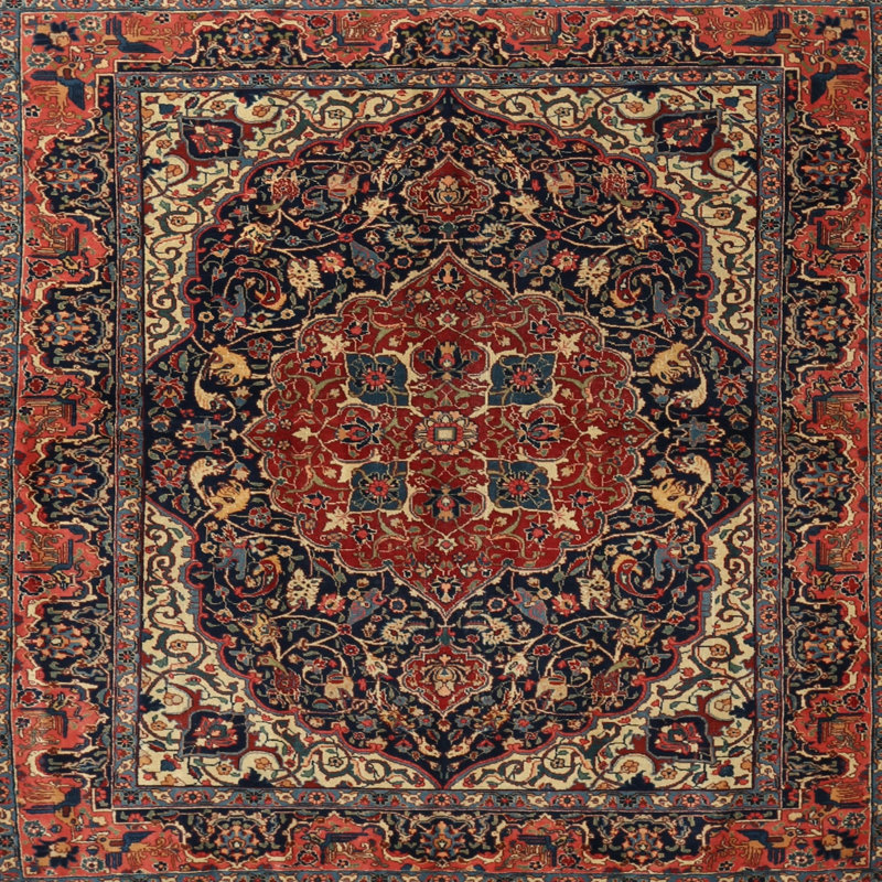 Tapis traditionnel gris foncé / rouge / beige Corniche, Carré 3 pi