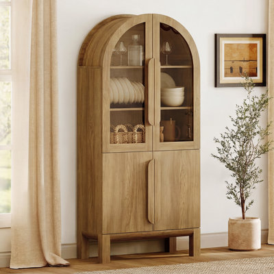 71" Tall Arched Kitchen Pantry Cabinet, Wood Bookcase Display Cabinet With Glass Doors And Adjustable Shelves, Mid-Century Modern Versatile Cupboard For Dining Room, Bedroom
