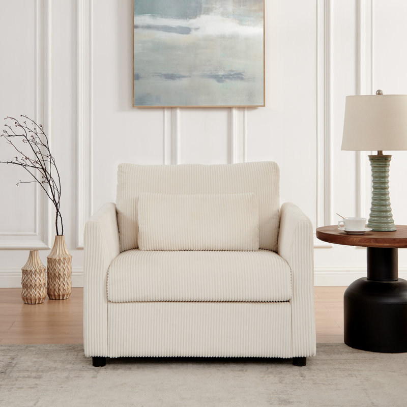 Ali 37.7" Corduroy Upholstered Accent Chair with 2 Pillows, Beige
