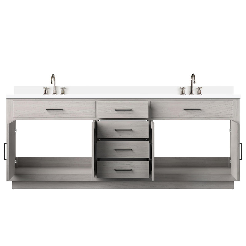 Meuble-lavabo double en chêne blanc avec comptoir en marbre de culture, robinets et meuble-lavabo à fermeture en douceur 84
