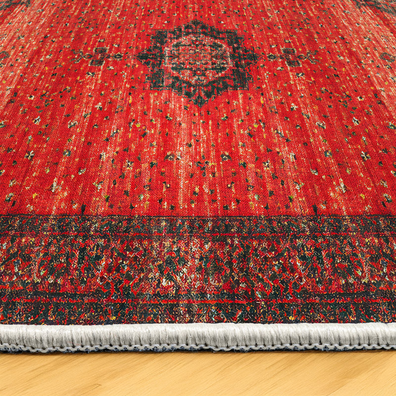 Susan Red Oriental Machine Printed Cotton Polyester Area Rug, Runner 4' x 14'10"