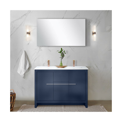Ensemble de meuble-lavabo double bleu marine l 48 po x P 20 po, plateau en marbre de culture, ensemble de robinet or rose et miroir de 43 po