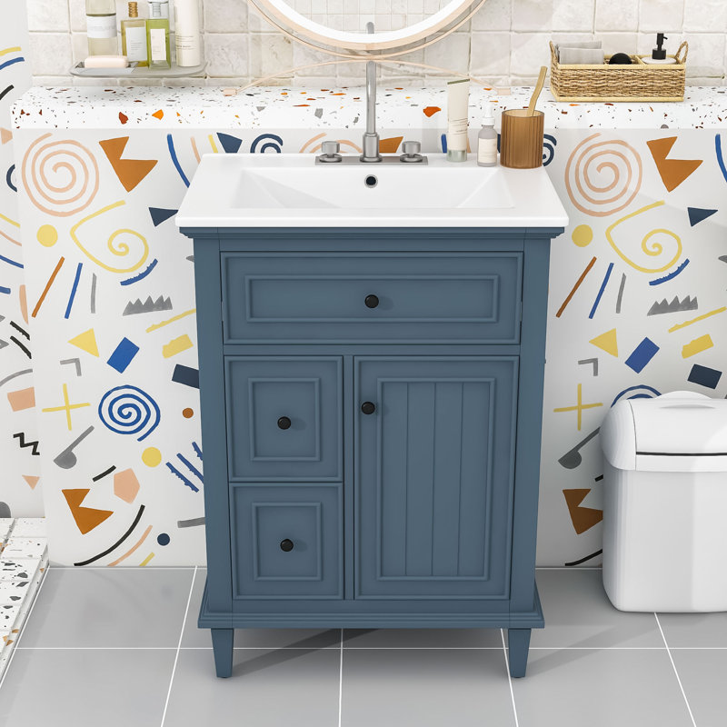 Meuble-lavabo moderne avec lavabo lisse, trop-plein et beaucoup de rangement, Bleu gris