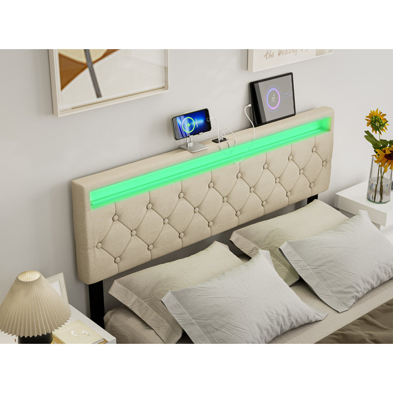 Tête de lit tapissier avec 2 ports USB et lumières DEL Bertwald - Hauteur réglable, Grand, Beige