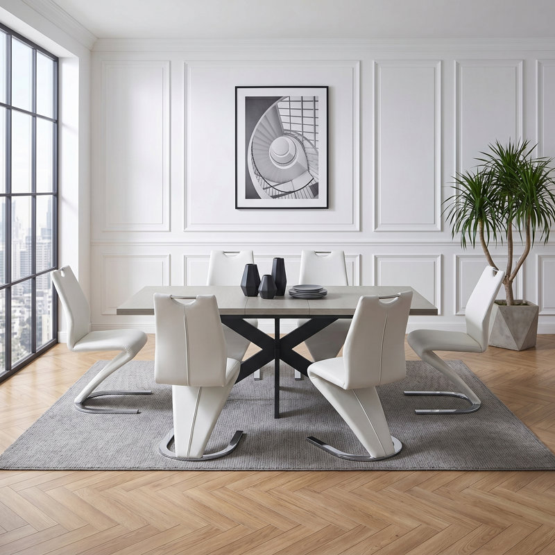 Robyn Modern Kitchen Dining Set, 63" to 78" Extendable Dining Table With 36.6"H Dining Chair(Table 6Chairs), White