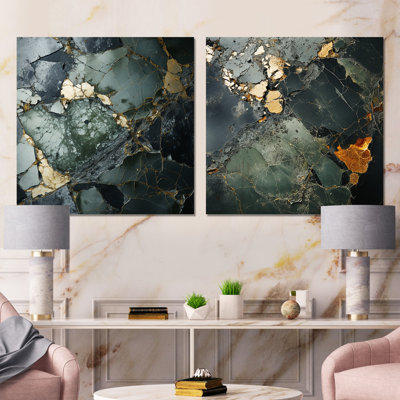 Doré et vert Terrazzo Marble Elegance I - Ensemble de 2 reproductions de toiles abstraites