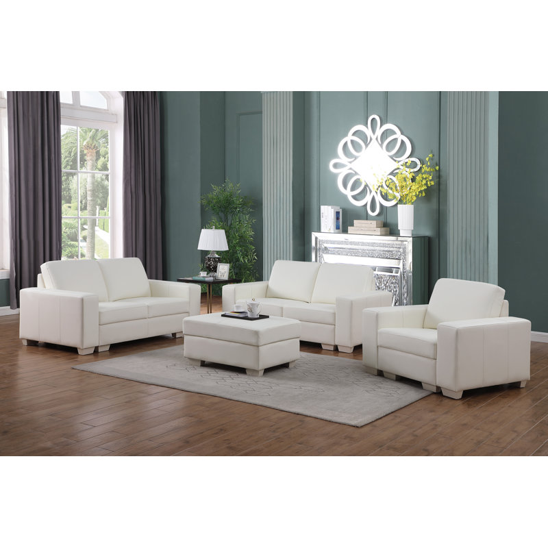 Ensemble de salon 7 pièces Layane, Cuir blanc cassé assorti