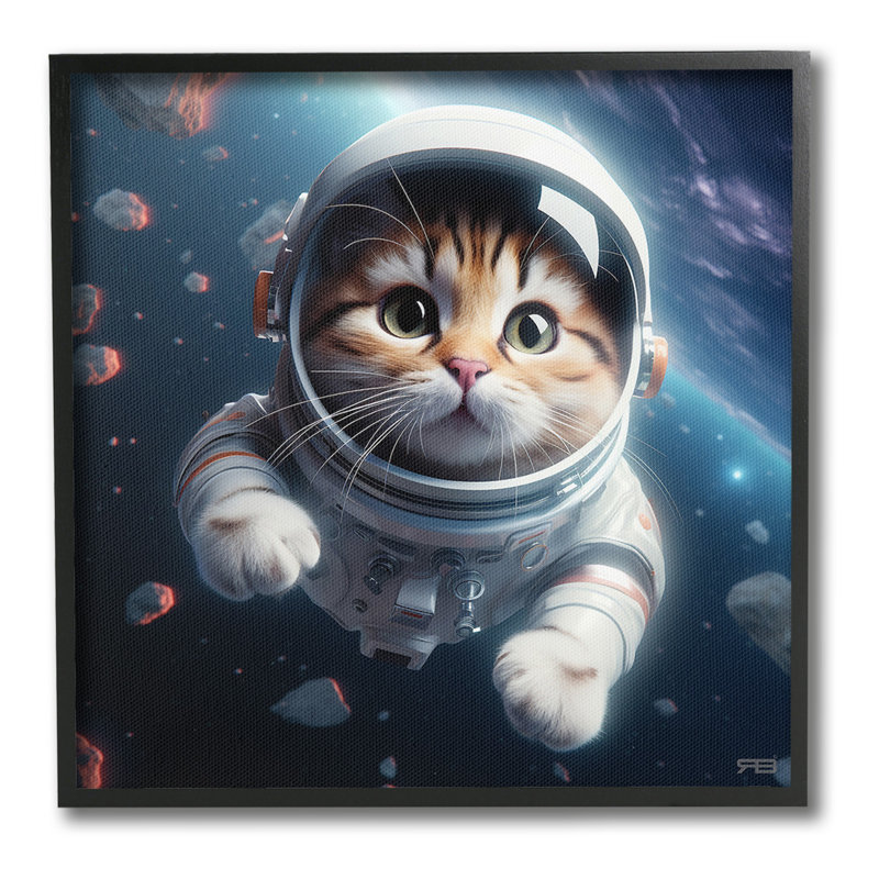 Bc-332_FG "Astronaut Cat In Space" par RB sur toile, Giclée encadrée noir minuit, H 24 po x l 24 po