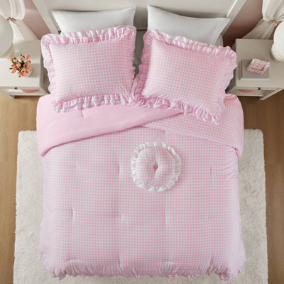 Romantic Pink Bedding Sets, Microfiber Comforter With Dual Ruffle Design For Cozy Bedroom
