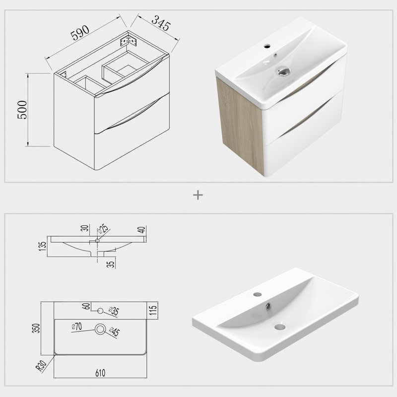 Vanity Unit with Basin Wall Mounted Space-saving Oak Body White Drawer Surface Designer