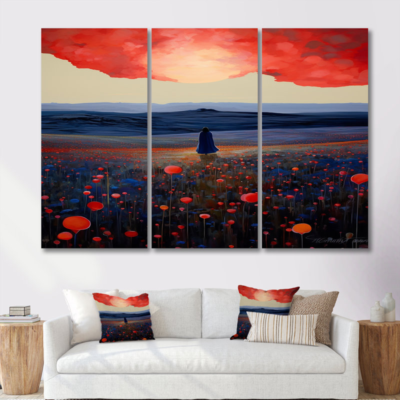 «Red Sky Blue Mountains Red Poppies - Meadow», ensemble de reproduction d'art mural, Toile tendue, H 32 po x l 48 po x P 1 po