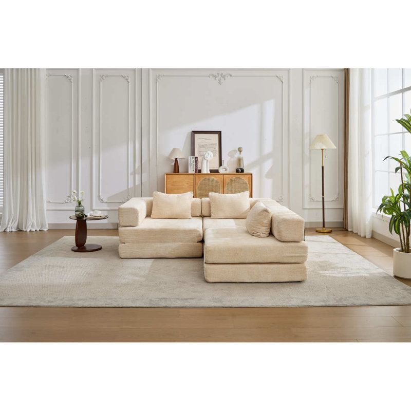 Canapé à compression, canapé-lit convertible au sol avec structure de forme fixe, canapé modulaire désossé, aucun assemblage requis, tissu chenille, pour la chambre à coucher du salon, beige