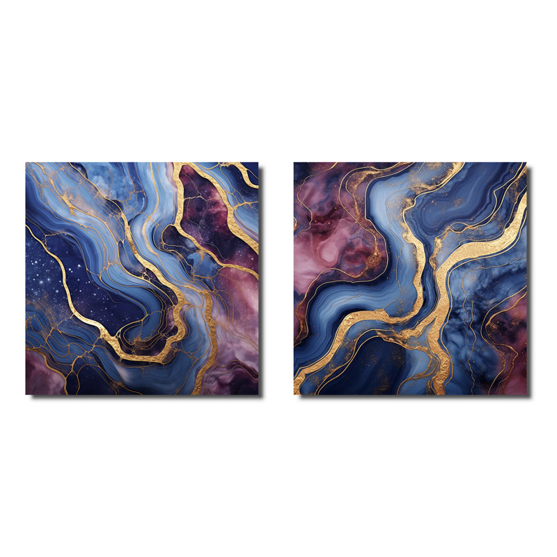 Essence de marbre abstraite bleue et dorée I - ensemble de 2 décorations murales en marbre abstrait, Toile tendue