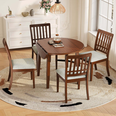5-Piece Round Dining Table Set For 4, 1 Folding Wood Dining Table + 4 Upholstered Chairs, Space-Saving Design For Small Apartments And Dining Areas - Brown