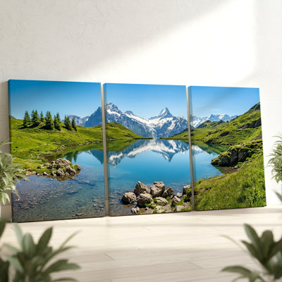 3 Pieces Mountain Lake Landscape Large Wall Art featuring Snowy Peaks, Three Pieces Wall Art for Living Room, Bedroom, and Office Decor, Ready to Hang