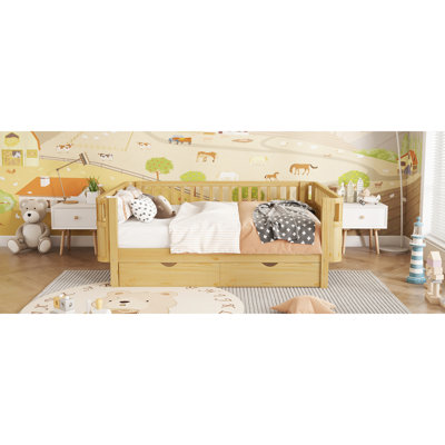 Lit plateforme double en bois pour enfants, lit double en bois à profil bas avec rails pour filles et garçons, naturel (conception brevetée), ancien SKU W2593P409119